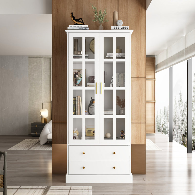 Display Cabinet with Tempered Glass Door and 2 Drawers Winston Porter Color White